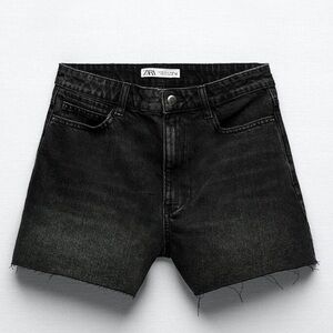 Zara high rise black denim shorts with frayed hem